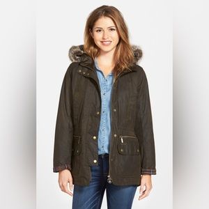 Barbour Kelsall Faux Fur & Faux Shearling Trim Waxed Cotton Parka - Size 8
